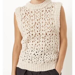 AMOMENTO Crochet Sleeveless Knit Sweater in Oatmeal Cream Size Small